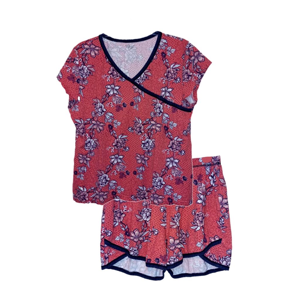 Garnet Hill Coral Floral Short Pajama Set with Navy Trim